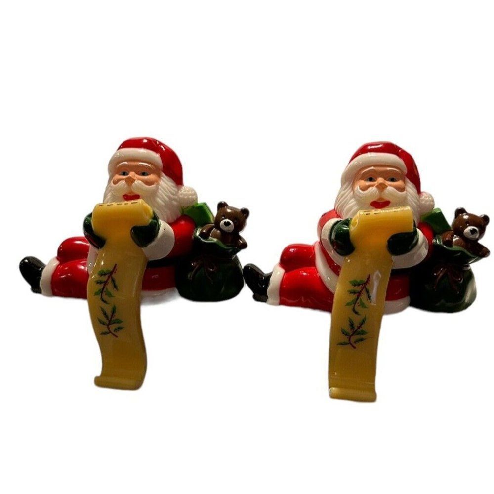 2 Vtg 60s 70s Celluloid Christmas (Holiday) Santa Mantel Stocking Holder Hanger